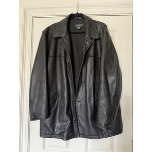 Vintage 90's J Crew Black Leather Car Coat Jacket Wool Lined Button Mens Large